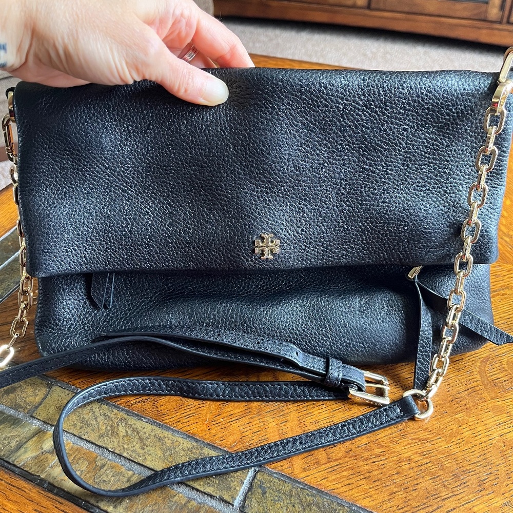 Tory Burch Black Pebbled Leather Fold Over Shoulder Bag